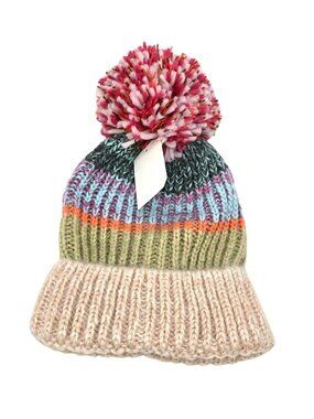 Colorful Striped Knit Beanie Hat Pom Pom Adults One Size Forever 21 JJ3776